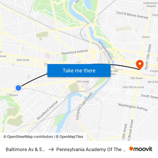 Baltimore Av & 56th St to Pennsylvania Academy Of The Fine Arts map