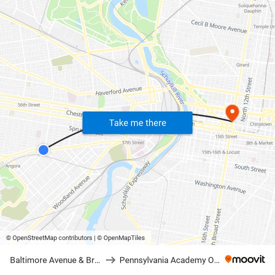 Baltimore Avenue & Broomall Street to Pennsylvania Academy Of The Fine Arts map