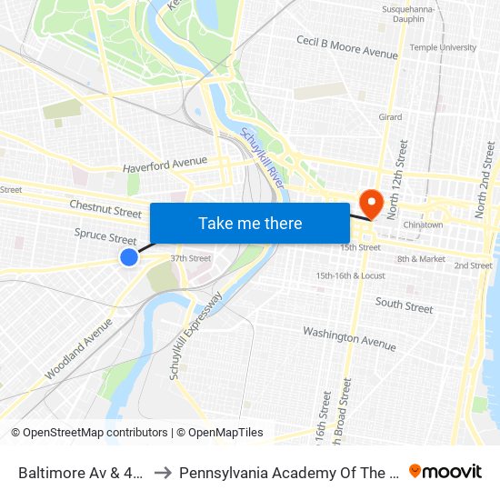 Baltimore Av & 43rd St to Pennsylvania Academy Of The Fine Arts map