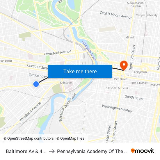Baltimore Av & 46th St to Pennsylvania Academy Of The Fine Arts map