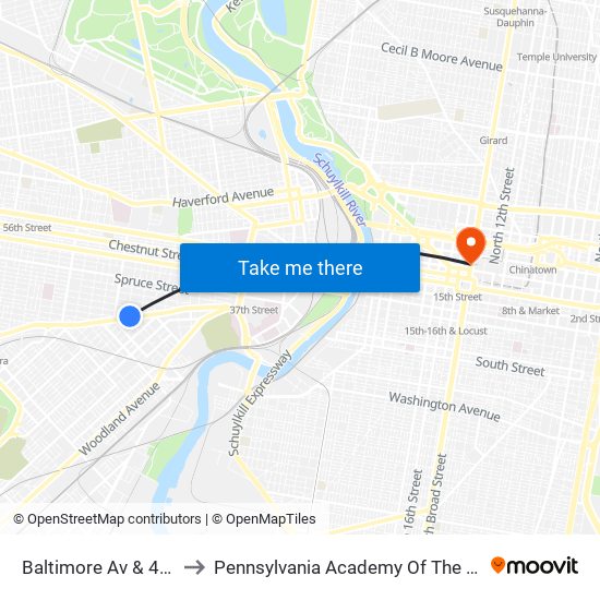 Baltimore Av & 47th St to Pennsylvania Academy Of The Fine Arts map