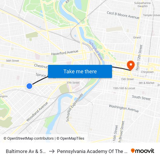 Baltimore Av & 50th St to Pennsylvania Academy Of The Fine Arts map