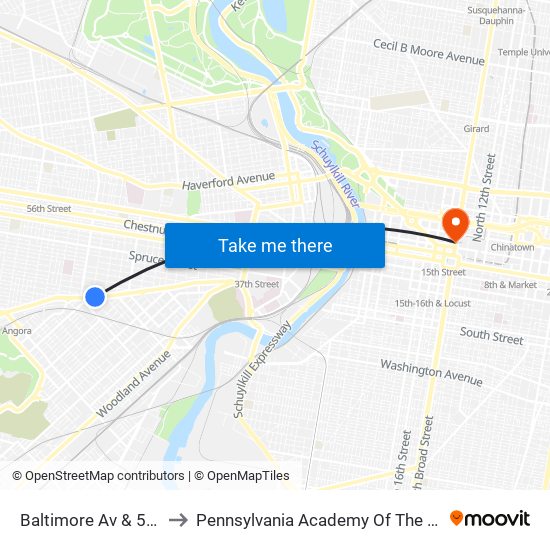 Baltimore Av & 51st St to Pennsylvania Academy Of The Fine Arts map