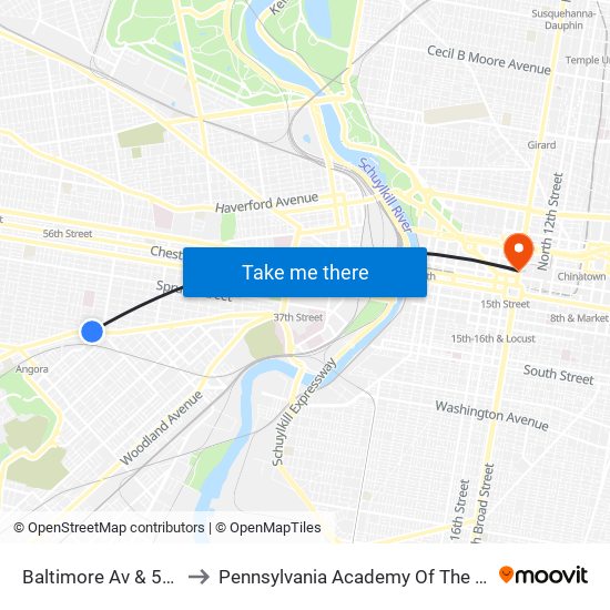Baltimore Av & 53rd St to Pennsylvania Academy Of The Fine Arts map