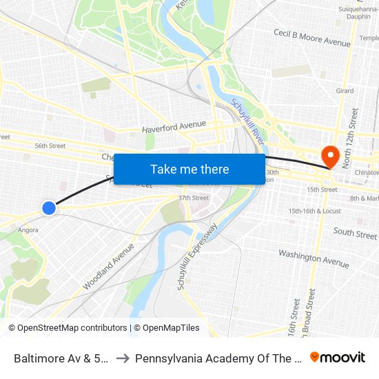 Baltimore Av & 55th St to Pennsylvania Academy Of The Fine Arts map