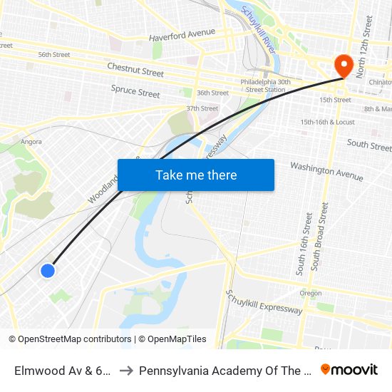 Elmwood Av & 68th St to Pennsylvania Academy Of The Fine Arts map
