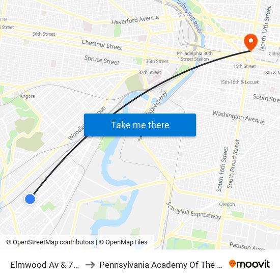 Elmwood Av & 70th St to Pennsylvania Academy Of The Fine Arts map