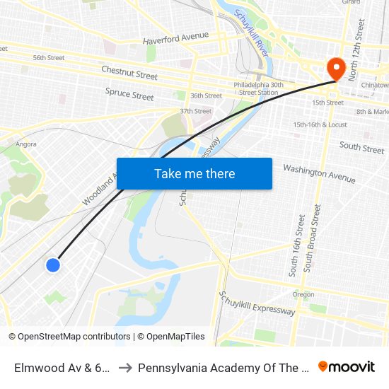Elmwood Av & 66th St to Pennsylvania Academy Of The Fine Arts map