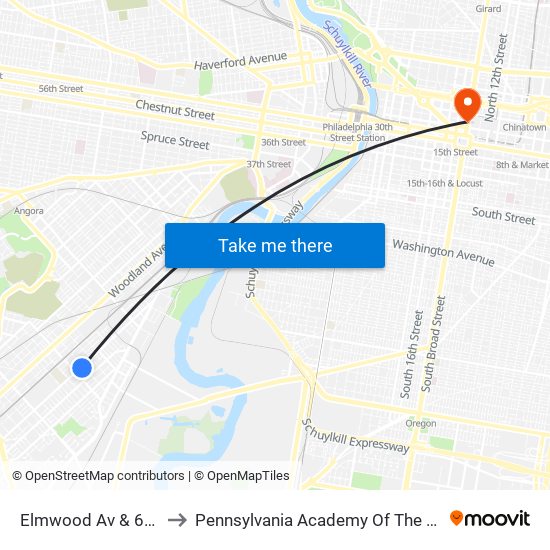 Elmwood Av & 64th St to Pennsylvania Academy Of The Fine Arts map