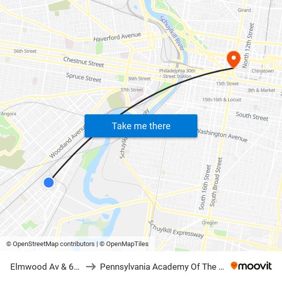 Elmwood Av & 61st St to Pennsylvania Academy Of The Fine Arts map