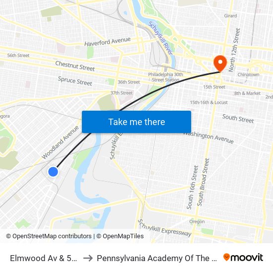 Elmwood Av & 58th St to Pennsylvania Academy Of The Fine Arts map