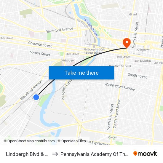 Lindbergh Blvd & 54th St to Pennsylvania Academy Of The Fine Arts map