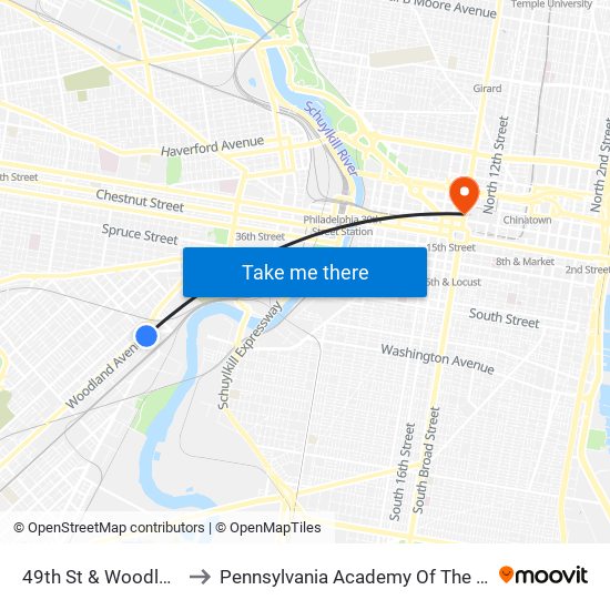 49th St & Woodland Av to Pennsylvania Academy Of The Fine Arts map