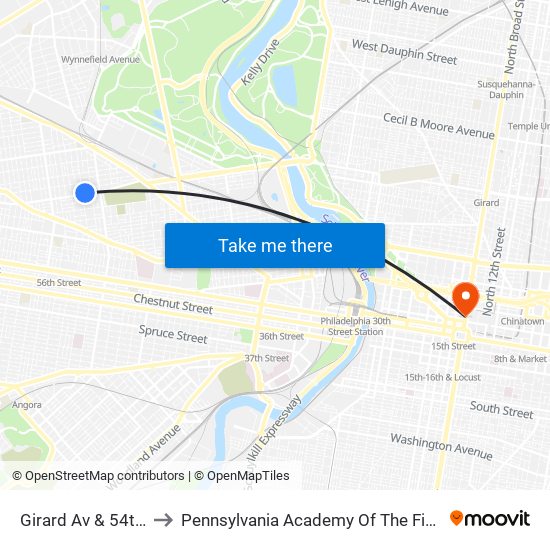 Girard Av & 54th St to Pennsylvania Academy Of The Fine Arts map