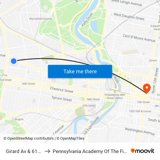Girard Av & 61st St to Pennsylvania Academy Of The Fine Arts map