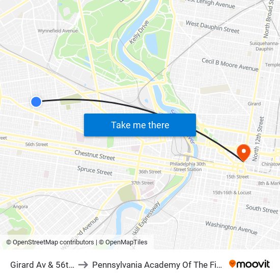 Girard Av & 56th St to Pennsylvania Academy Of The Fine Arts map