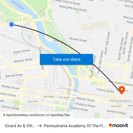 Girard Av & 39th St to Pennsylvania Academy Of The Fine Arts map