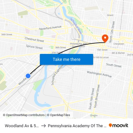 Woodland Av & 53rd St to Pennsylvania Academy Of The Fine Arts map