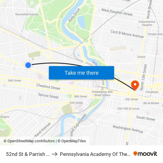52nd St & Parrish St - Fs to Pennsylvania Academy Of The Fine Arts map