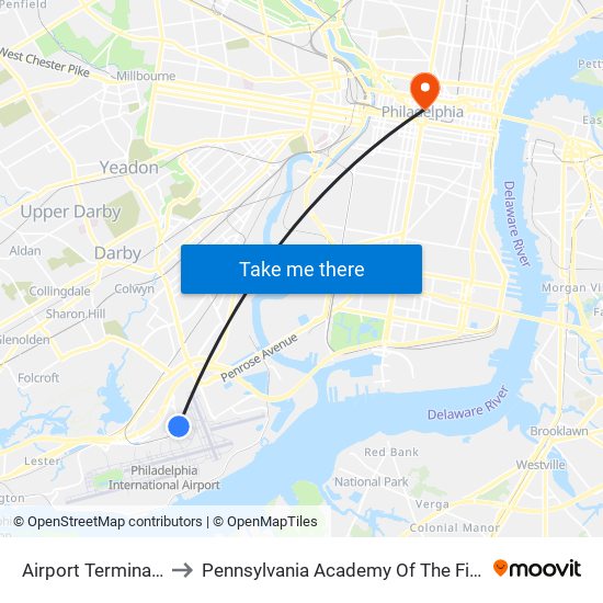 Airport Terminal E F to Pennsylvania Academy Of The Fine Arts map