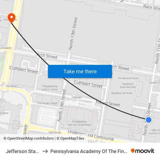 Jefferson Station to Pennsylvania Academy Of The Fine Arts map