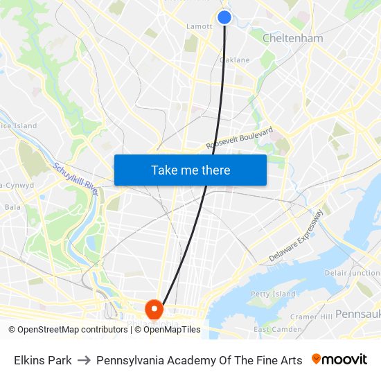 Elkins Park to Pennsylvania Academy Of The Fine Arts map