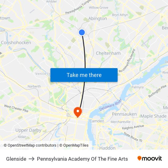 Glenside to Pennsylvania Academy Of The Fine Arts map