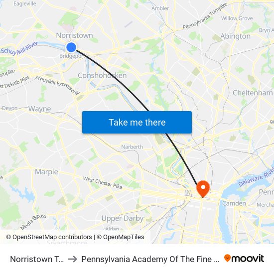 Norristown T.C. to Pennsylvania Academy Of The Fine Arts map