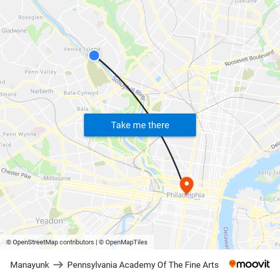 Manayunk to Pennsylvania Academy Of The Fine Arts map