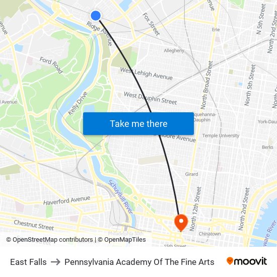 East Falls to Pennsylvania Academy Of The Fine Arts map