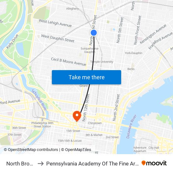 North Broad to Pennsylvania Academy Of The Fine Arts map