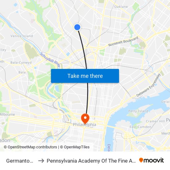 Germantown to Pennsylvania Academy Of The Fine Arts map