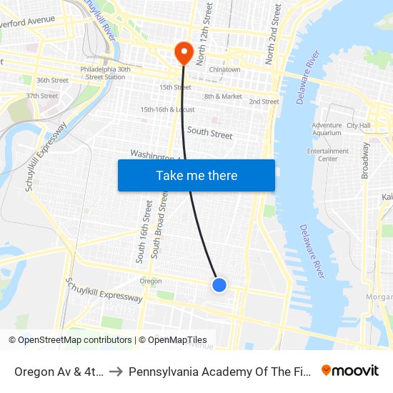 Oregon Av & 4th St to Pennsylvania Academy Of The Fine Arts map