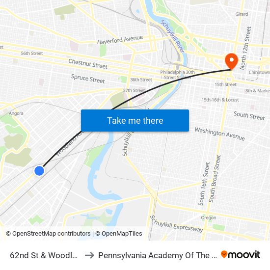 62nd St & Woodland Av to Pennsylvania Academy Of The Fine Arts map