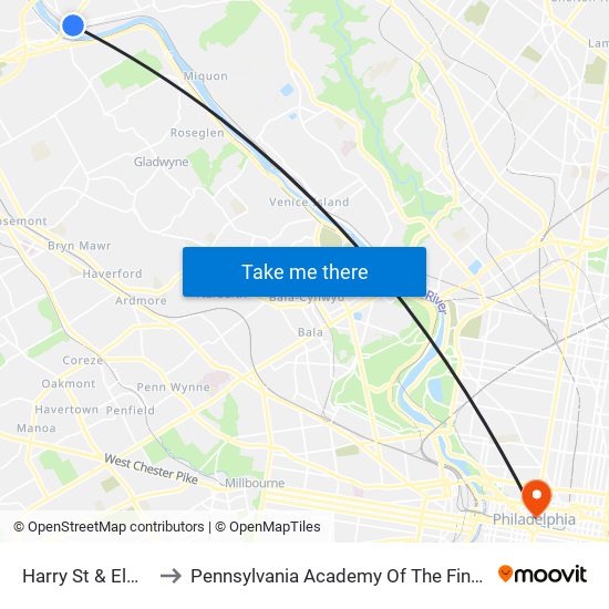 Harry St & Elm St to Pennsylvania Academy Of The Fine Arts map