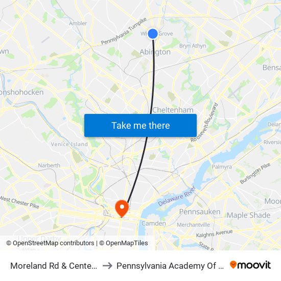 Moreland Rd & Center Av - Mbfs to Pennsylvania Academy Of The Fine Arts map