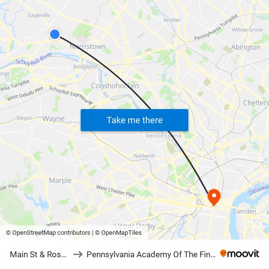 Main St & Rose Av to Pennsylvania Academy Of The Fine Arts map