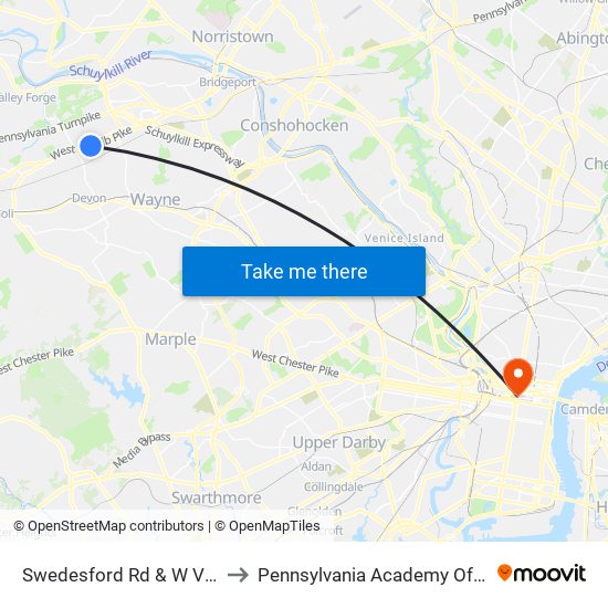 Swedesford Rd & W Valley Rd - FS to Pennsylvania Academy Of The Fine Arts map