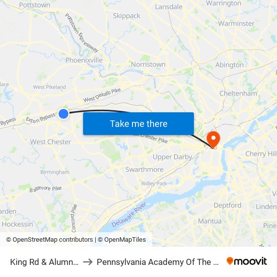 King Rd & Alumnae Dr to Pennsylvania Academy Of The Fine Arts map