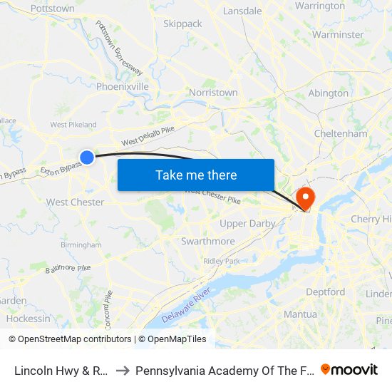 Lincoln Hwy & Rt 202 to Pennsylvania Academy Of The Fine Arts map