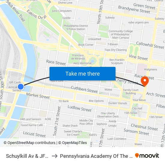 Schuylkill Av & JFK Blvd to Pennsylvania Academy Of The Fine Arts map