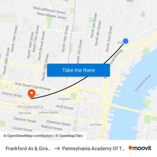 Frankford Av & Girard Av - Fs to Pennsylvania Academy Of The Fine Arts map