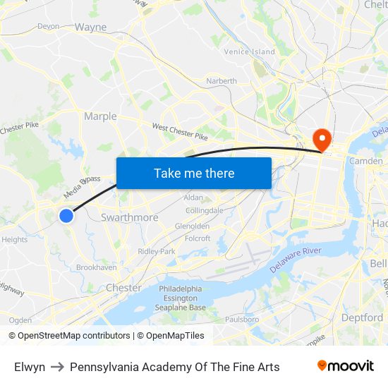 Elwyn to Pennsylvania Academy Of The Fine Arts map