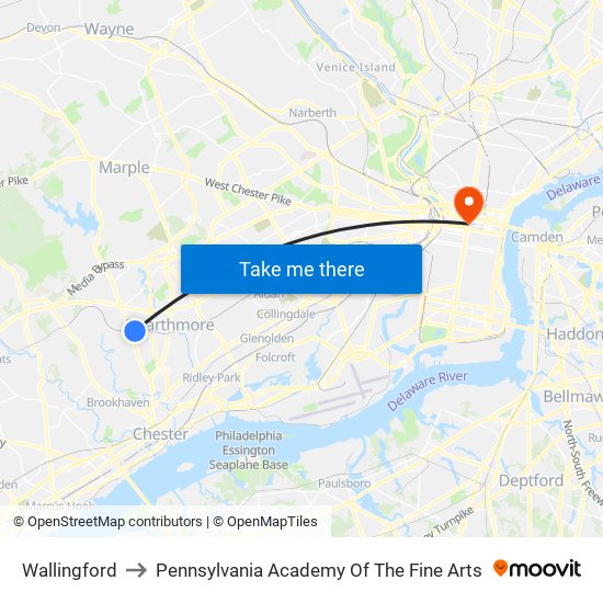Wallingford to Pennsylvania Academy Of The Fine Arts map