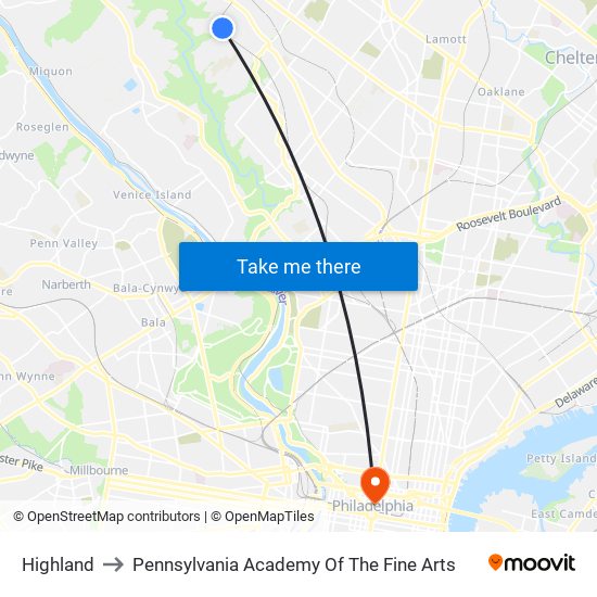 Highland to Pennsylvania Academy Of The Fine Arts map