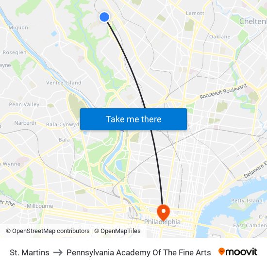 St. Martins to Pennsylvania Academy Of The Fine Arts map