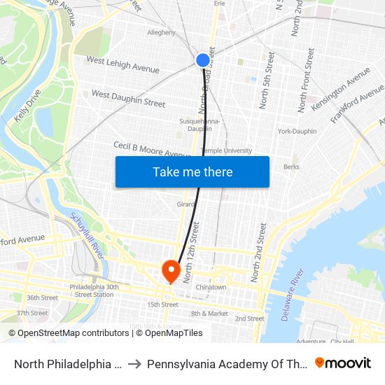 North Philadelphia Amtrak to Pennsylvania Academy Of The Fine Arts map