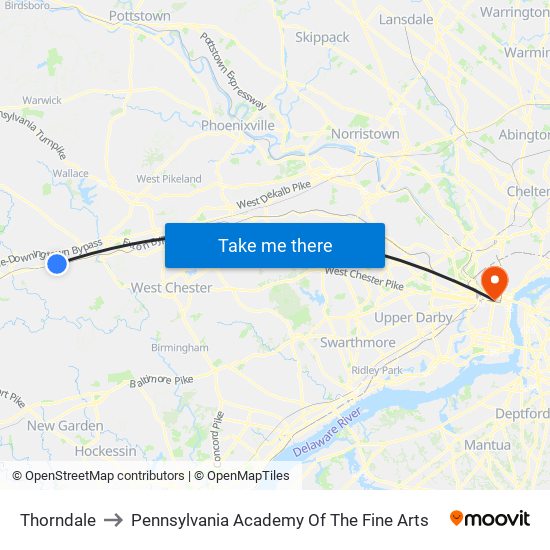 Thorndale to Pennsylvania Academy Of The Fine Arts map
