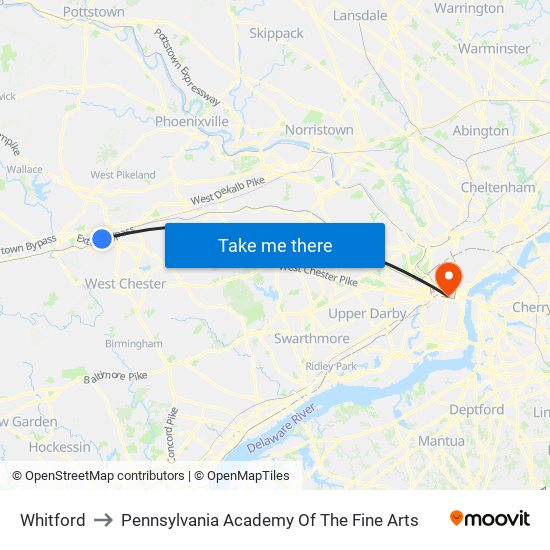 Whitford to Pennsylvania Academy Of The Fine Arts map