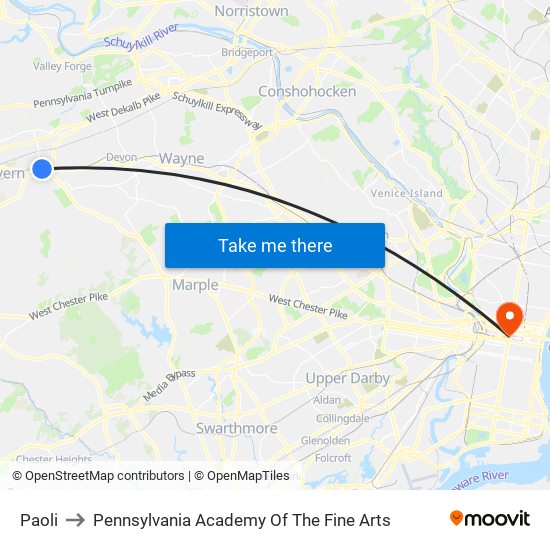 Paoli to Pennsylvania Academy Of The Fine Arts map